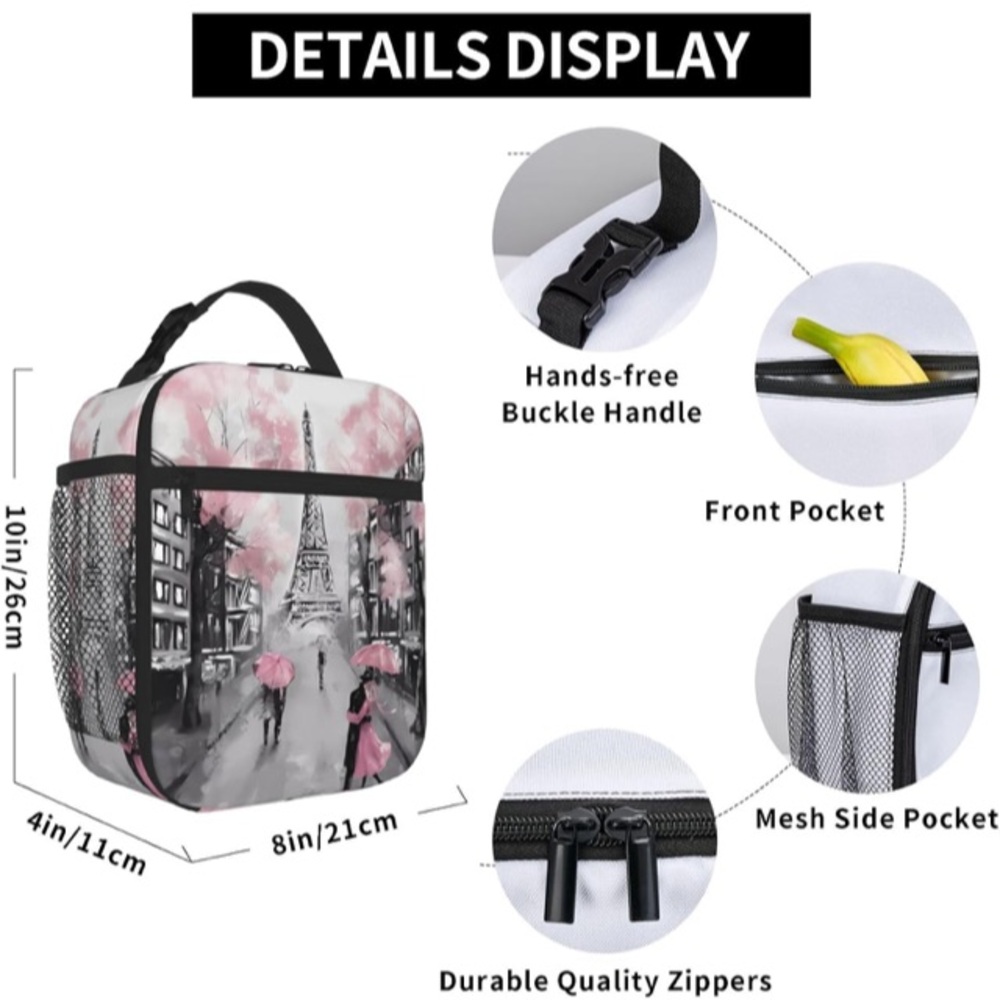 Stylish Pink and Black Eiffel Tower Women Lunch Bag - Picture 6 of 8